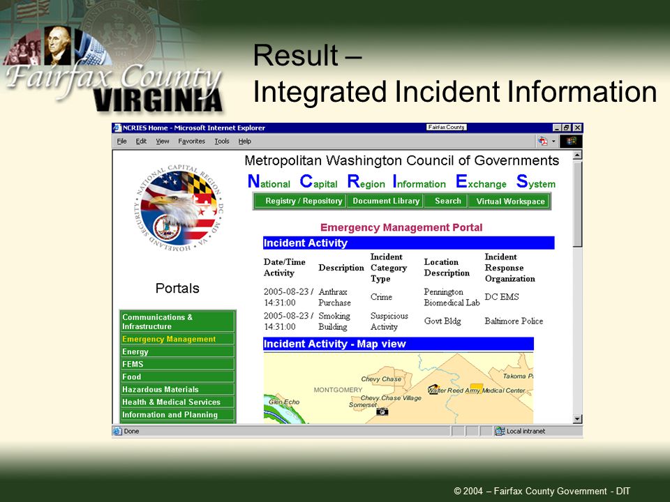 © 2004 – Fairfax County Government - DIT Result – Integrated Incident Information