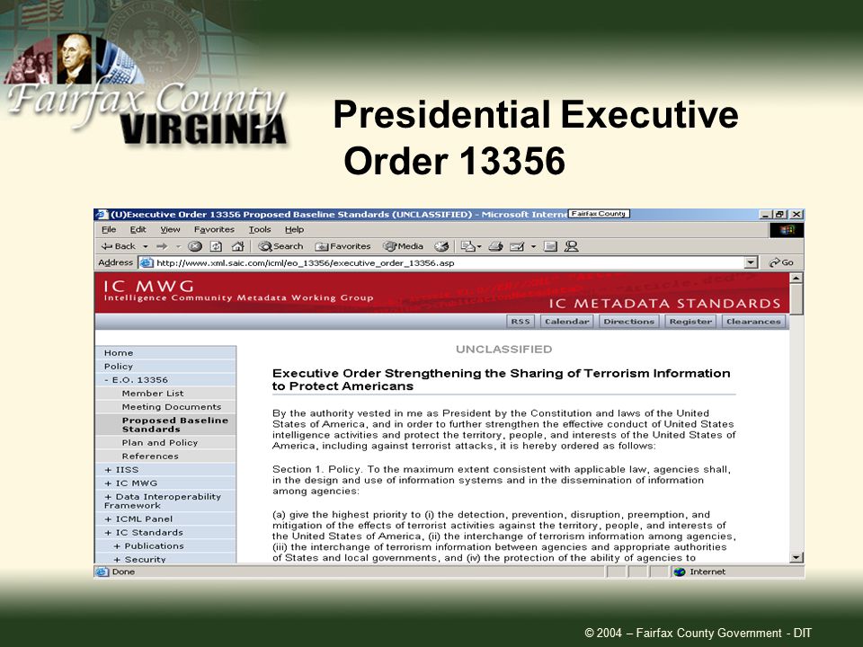 © 2004 – Fairfax County Government - DIT Presidential Executive Order 13356