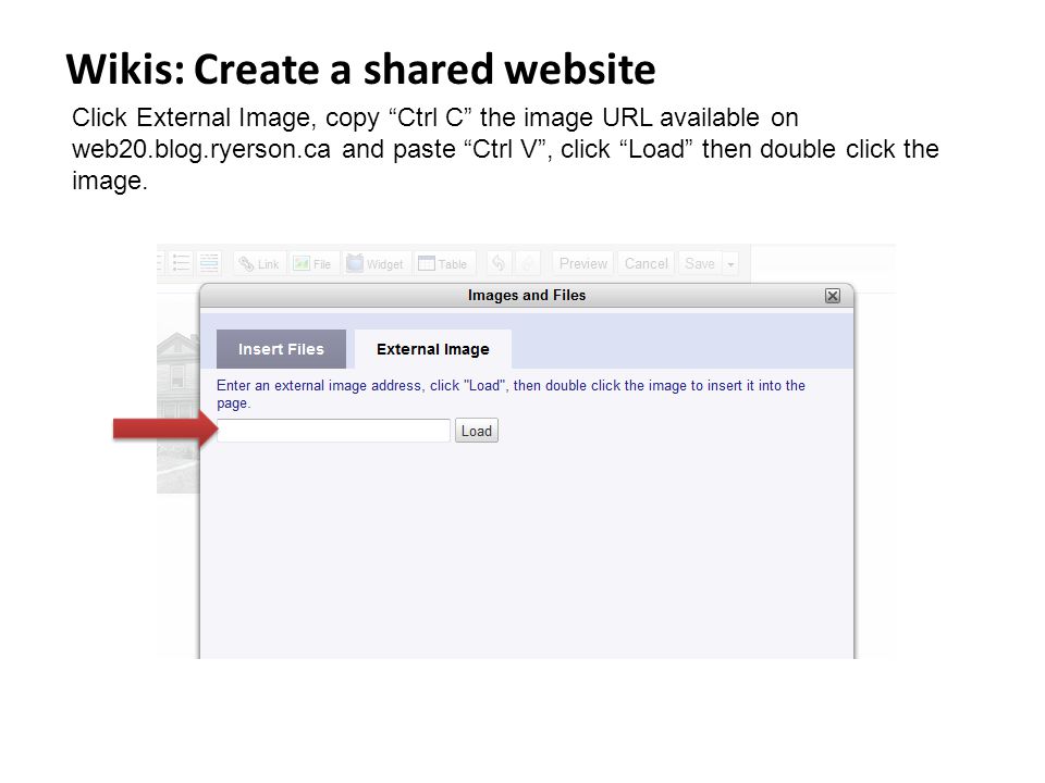 Wikis: Create a shared website Click External Image, copy Ctrl C the image URL available on web20.blog.ryerson.ca and paste Ctrl V , click Load then double click the image.