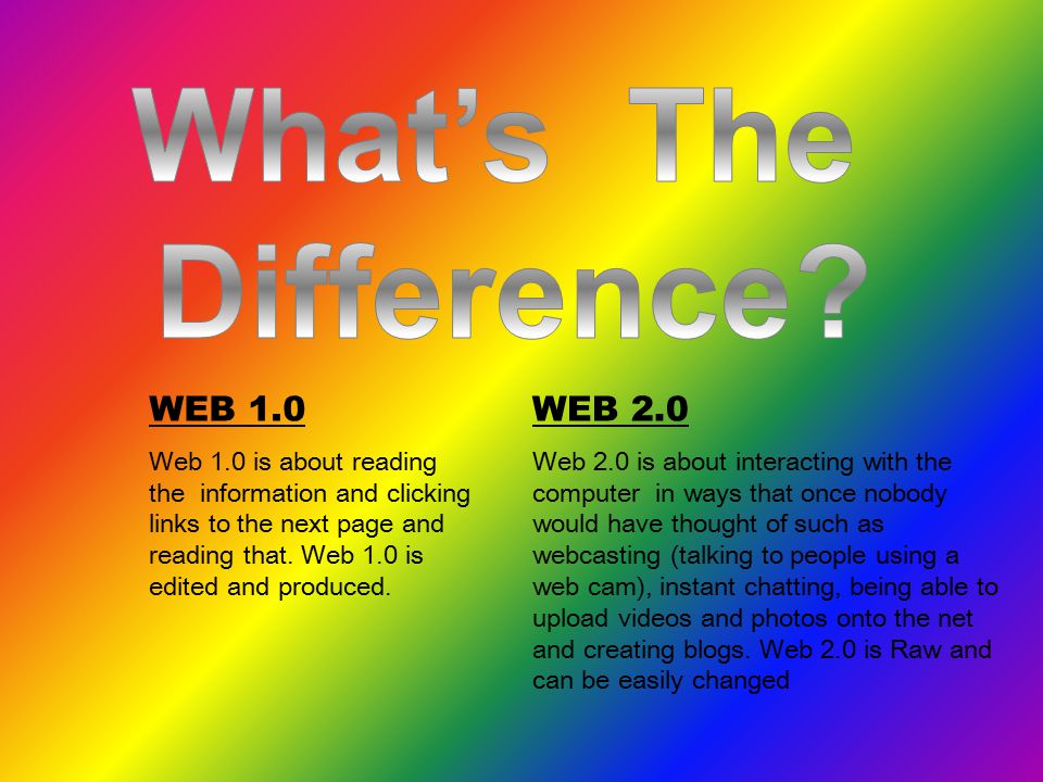 WEB 1.0 Web 1.0 is about reading the information and clicking links to the next page and reading that.