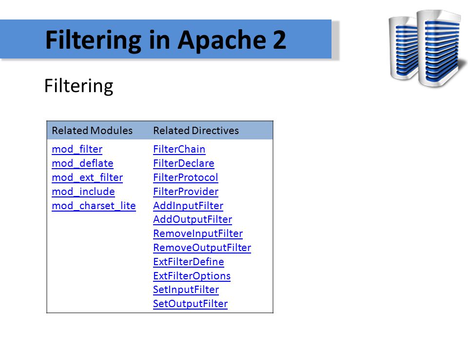 Apache Web Server v. 2.2 Reference Manual Chapter 5 Filters. - ppt download