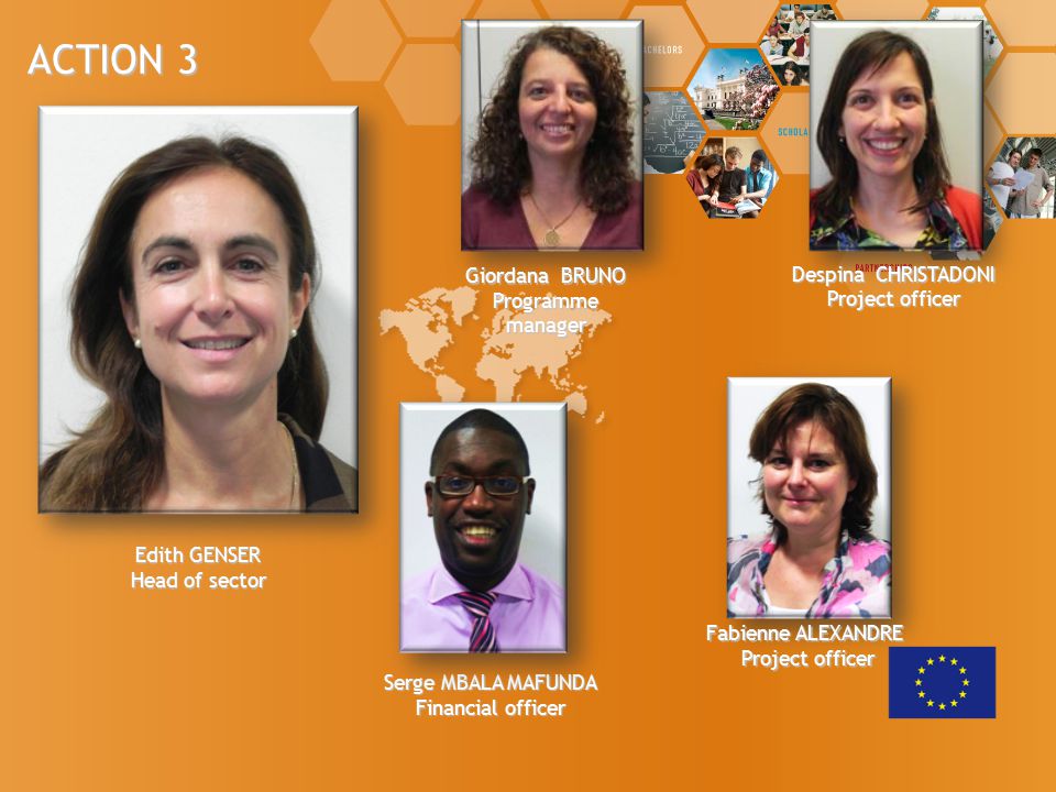 Giordana BRUNO Programme manager Despina CHRISTADONI Project officer ACTION 3 Edith GENSER Head of sector Serge MBALA MAFUNDA Financial officer Fabienne ALEXANDRE Fabienne ALEXANDRE Project officer Project officer