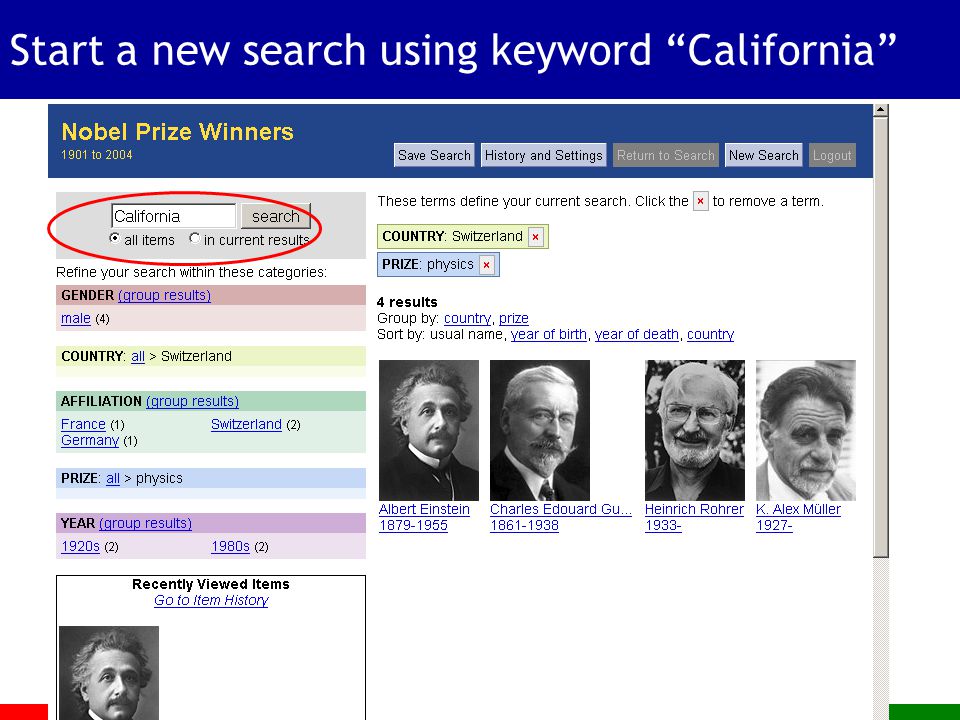 Start a new search using keyword California