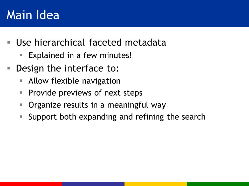 Main Idea  Use hierarchical faceted metadata  Explained in a few minutes.
