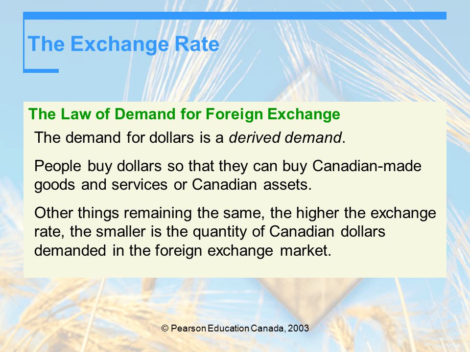 © Pearson Education Canada, 2003 The Exchange Rate The Law of Demand for Foreign Exchange The demand for dollars is a derived demand.