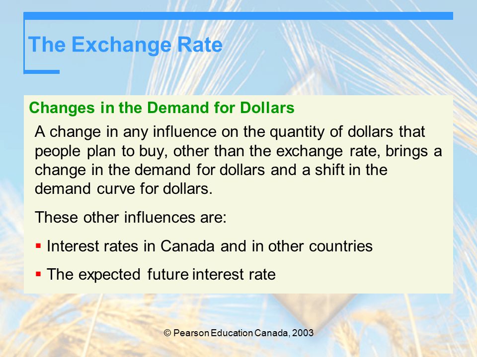 The Exchange Rate Changes in the Demand for Dollars A change in any influence on the quantity of dollars that people plan to buy, other than the exchange rate, brings a change in the demand for dollars and a shift in the demand curve for dollars.
