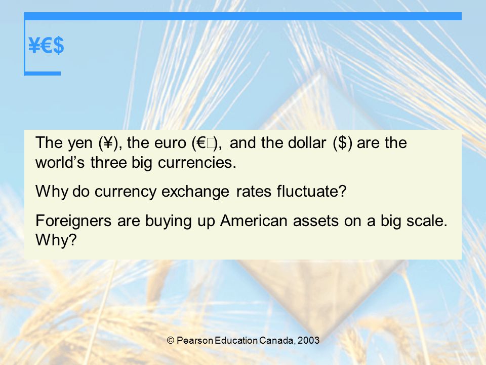 © Pearson Education Canada, 2003 ¥€$ The yen (¥), the euro (€  ), and the dollar ($) are the world’s three big currencies.
