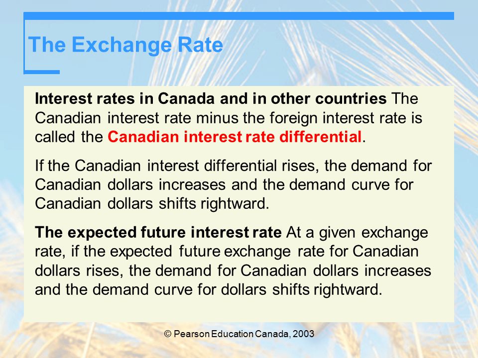 © Pearson Education Canada, 2003 The Exchange Rate Interest rates in Canada and in other countries The Canadian interest rate minus the foreign interest rate is called the Canadian interest rate differential.