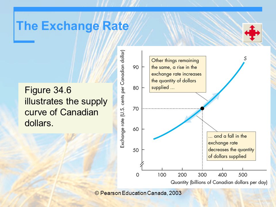 © Pearson Education Canada, 2003 The Exchange Rate Figure 34.6 illustrates the supply curve of Canadian dollars.