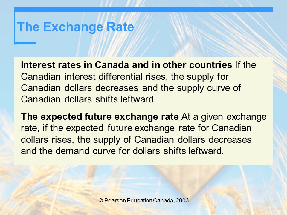© Pearson Education Canada, 2003 The Exchange Rate Interest rates in Canada and in other countries If the Canadian interest differential rises, the supply for Canadian dollars decreases and the supply curve of Canadian dollars shifts leftward.