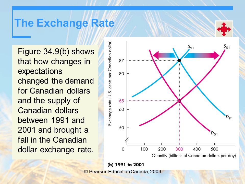 The Exchange Rate Figure 34.9(b) shows that how changes in expectations changed the demand for Canadian dollars and the supply of Canadian dollars between 1991 and 2001 and brought a fall in the Canadian dollar exchange rate.