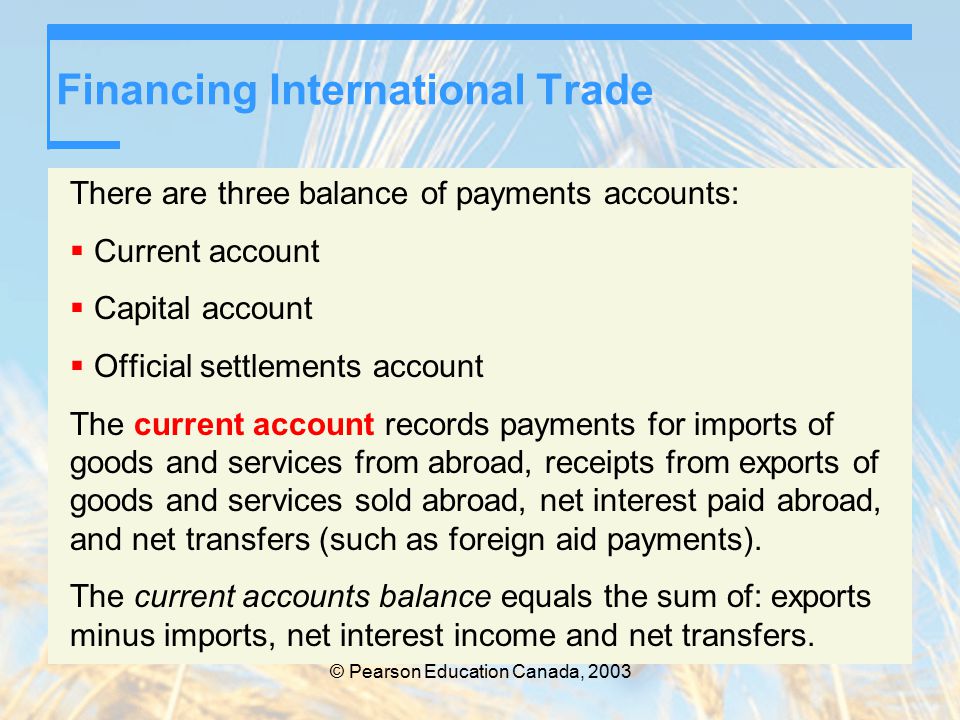 © Pearson Education Canada, 2003 Financing International Trade There are three balance of payments accounts:  Current account  Capital account  Official settlements account The current account records payments for imports of goods and services from abroad, receipts from exports of goods and services sold abroad, net interest paid abroad, and net transfers (such as foreign aid payments).