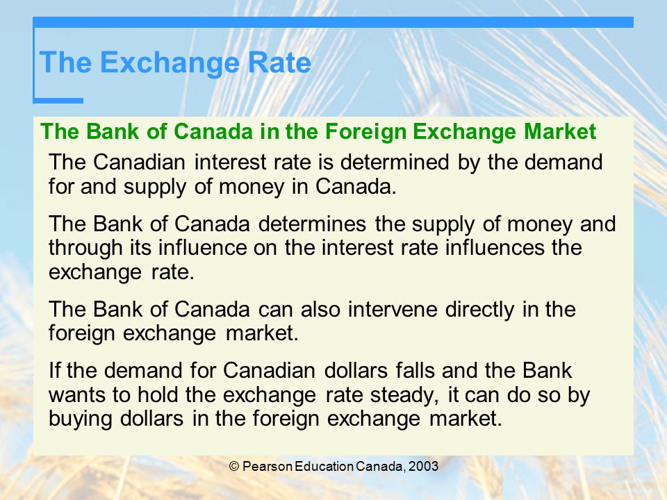 © Pearson Education Canada, 2003 The Exchange Rate The Bank of Canada in the Foreign Exchange Market The Canadian interest rate is determined by the demand for and supply of money in Canada.