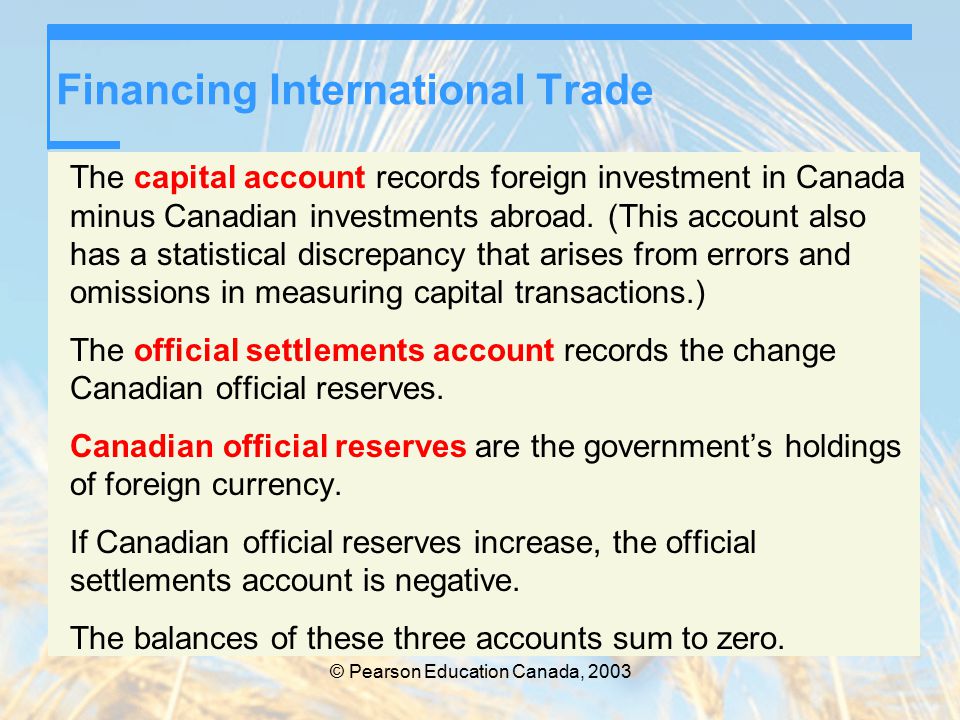© Pearson Education Canada, 2003 Financing International Trade The capital account records foreign investment in Canada minus Canadian investments abroad.