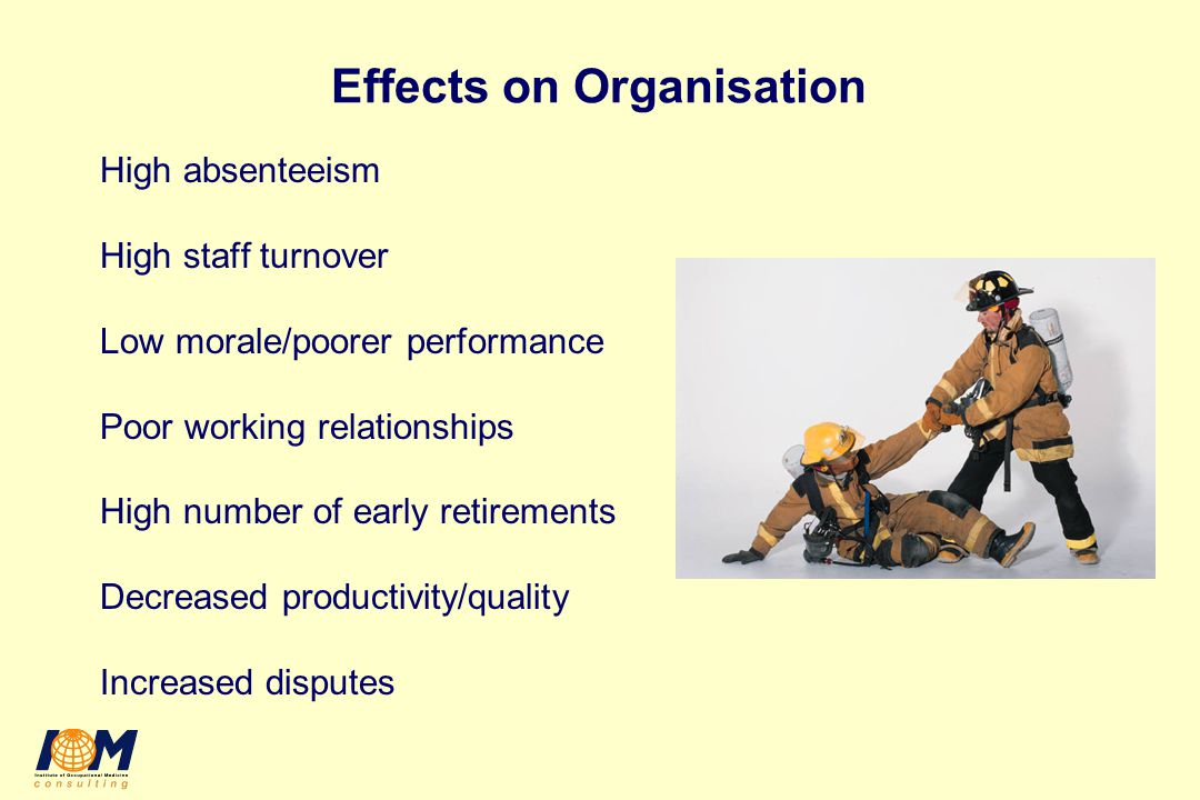 Effects on Organisation High absenteeism High staff turnover Low morale/poorer performance Poor working relationships High number of early retirements Decreased productivity/quality Increased disputes