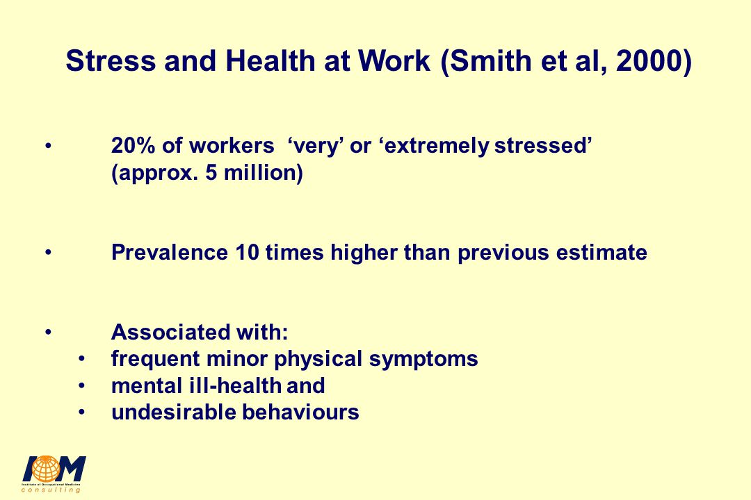 Stress and Health at Work (Smith et al, 2000) 20% of workers ‘very’ or ‘extremely stressed’ (approx.