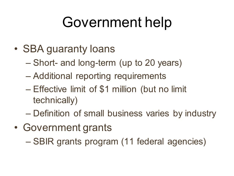 Government help SBA guaranty loans –Short- and long-term (up to 20 years) –Additional reporting requirements –Effective limit of $1 million (but no limit technically) –Definition of small business varies by industry Government grants –SBIR grants program (11 federal agencies)