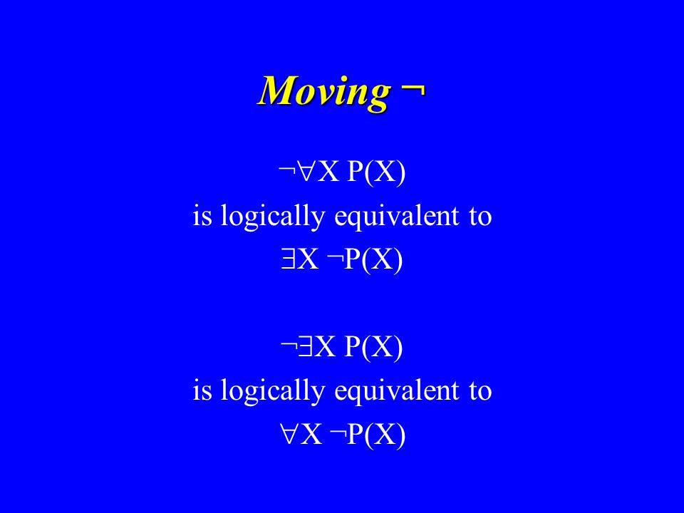 Moving ¬ ¬  X P(X) is logically equivalent to  X ¬P(X) ¬  X P(X) is logically equivalent to  X ¬P(X)
