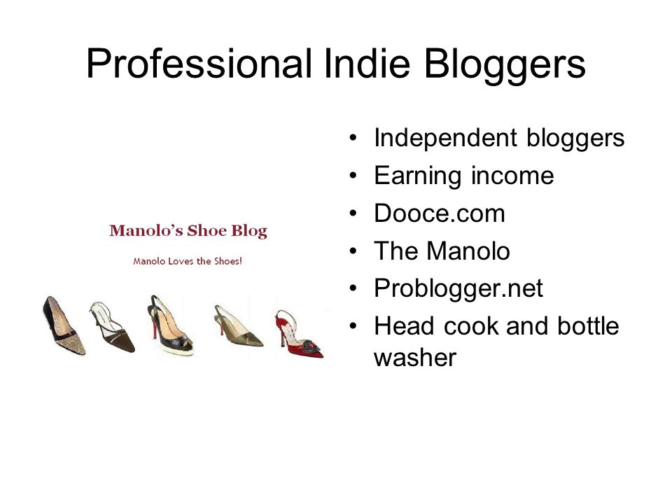 Professional Indie Bloggers Independent bloggers Earning income Dooce.com The Manolo Problogger.net Head cook and bottle washer