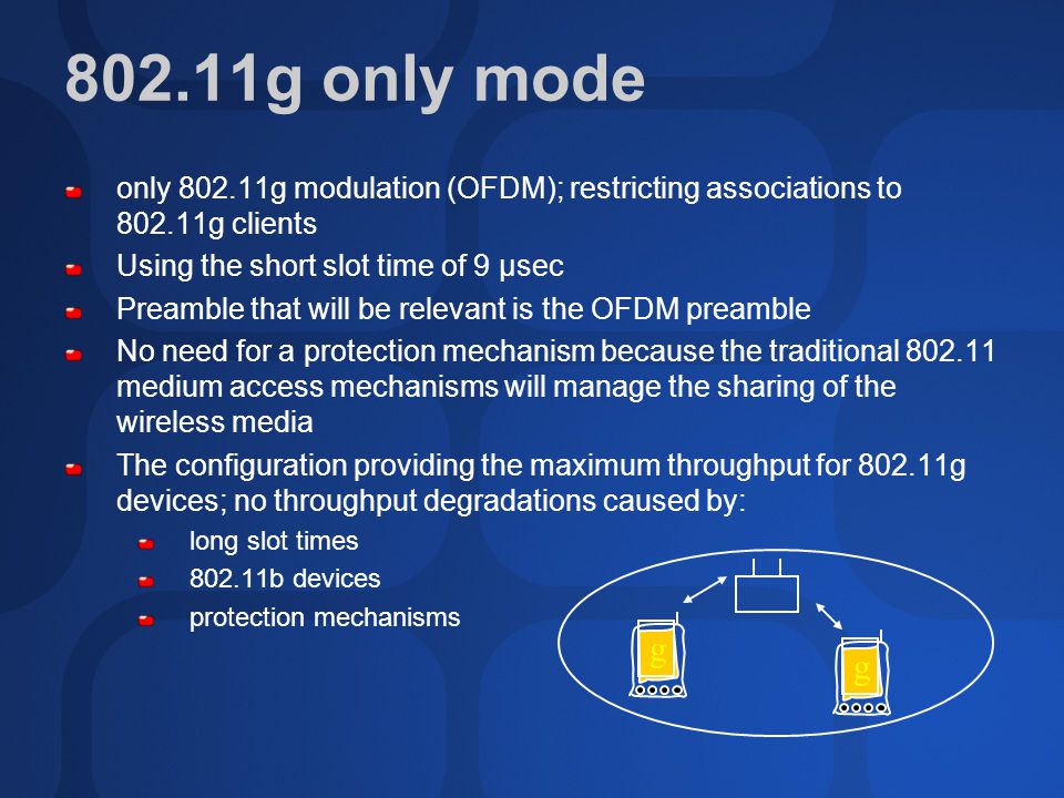 802.11g only mode only g modulation (OFDM); restricting associations to g clients Using the short slot time of 9 μsec Preamble that will be relevant is the OFDM preamble No need for a protection mechanism because the traditional medium access mechanisms will manage the sharing of the wireless media The configuration providing the maximum throughput for g devices; no throughput degradations caused by: long slot times b devices protection mechanisms g g
