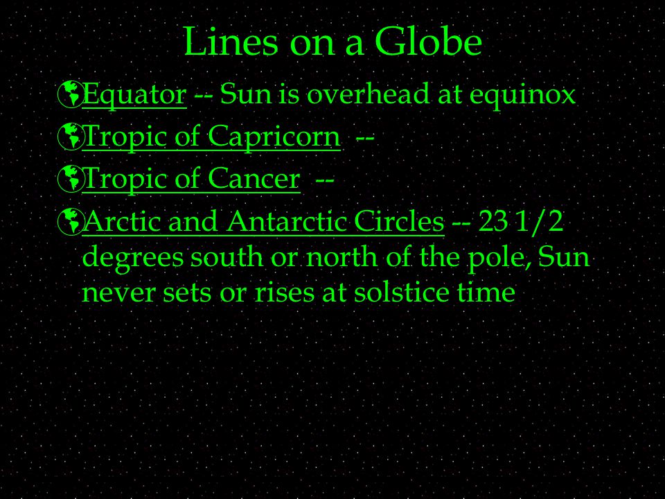Lines on a Globe  Equator -- Sun is overhead at equinox  Tropic of Capricorn --  Tropic of Cancer --  Arctic and Antarctic Circles /2 degrees south or north of the pole, Sun never sets or rises at solstice time