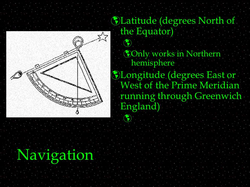 Navigation  Latitude (degrees North of the Equator)   Only works in Northern hemisphere  Longitude (degrees East or West of the Prime Meridian running through Greenwich England) 