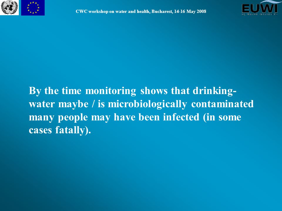 CWC workshop on water and health, Bucharest, May 2008 By the time monitoring shows that drinking- water maybe / is microbiologically contaminated many people may have been infected (in some cases fatally).