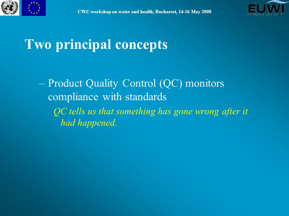 Two principal concepts –Product Quality Control (QC) monitors compliance with standards QC tells us that something has gone wrong after it had happened.