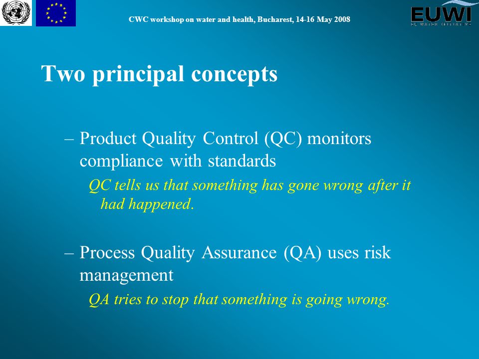 CWC workshop on water and health, Bucharest, May 2008 Two principal concepts –Product Quality Control (QC) monitors compliance with standards QC tells us that something has gone wrong after it had happened.