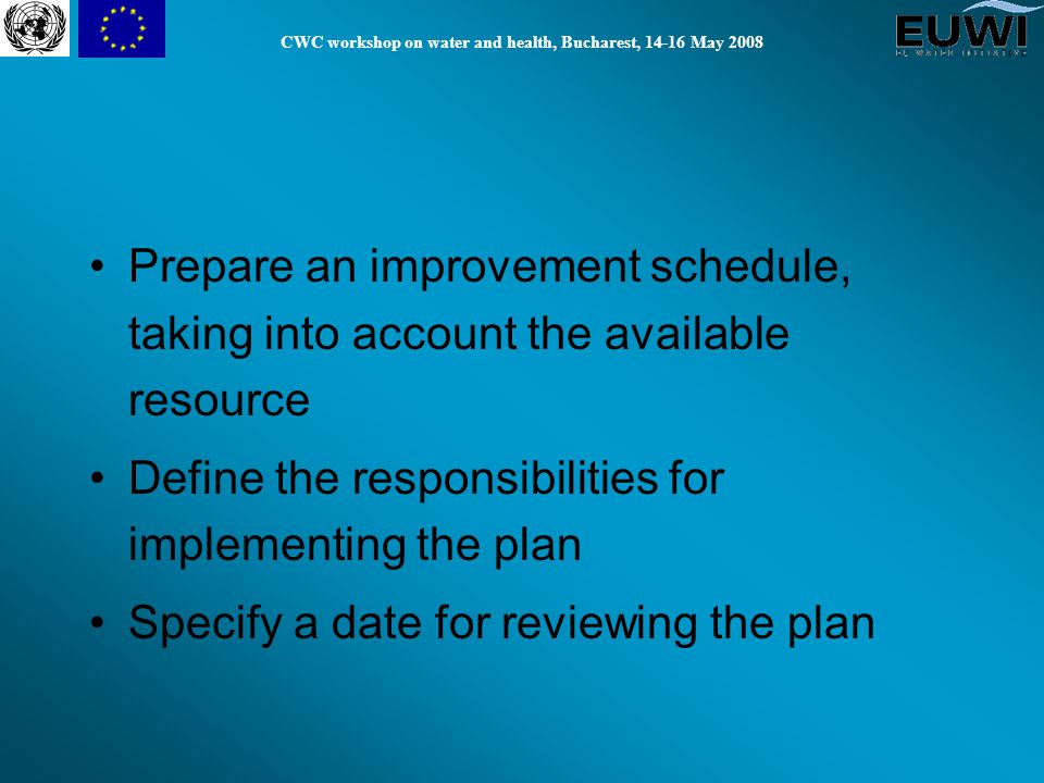 CWC workshop on water and health, Bucharest, May 2008 Prepare an improvement schedule, taking into account the available resource Define the responsibilities for implementing the plan Specify a date for reviewing the plan