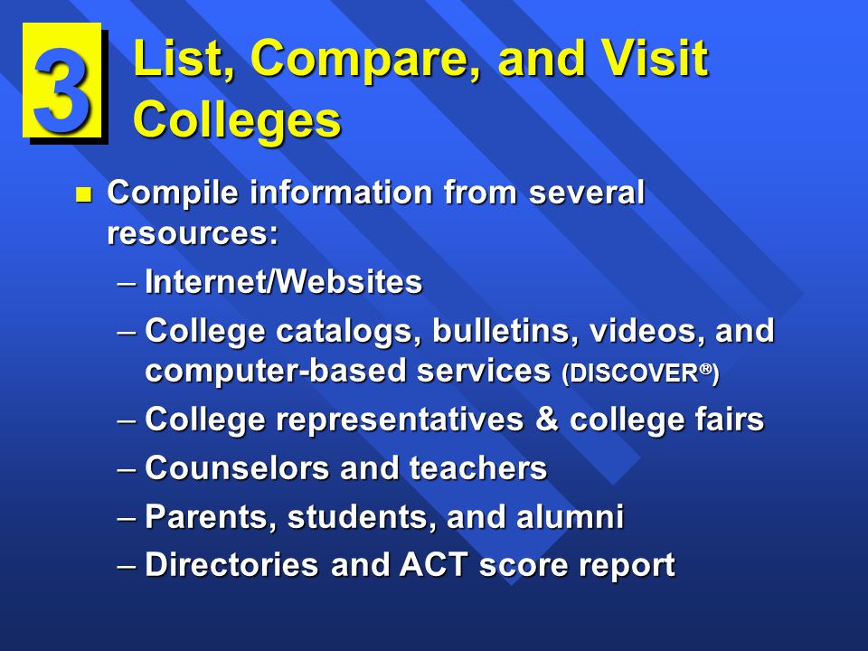 List, Compare, and Visit Colleges n Compile information from several resources: –Internet/Websites –College catalogs, bulletins, videos, and computer-based services (DISCOVER  ) –College representatives & college fairs –Counselors and teachers –Parents, students, and alumni –Directories and ACT score report 3
