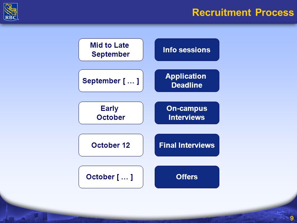 9 Recruitment Process Application Deadline On-campus Interviews Final Interviews Offers September [ … ] Early October October 12 October [ … ] Info sessions Mid to Late September