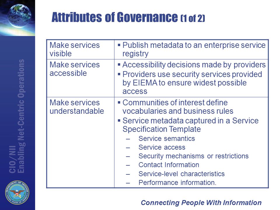 Connecting People With Information Attributes of Governance (1 of 2) Make services visible  Publish metadata to an enterprise service registry Make services accessible  Accessibility decisions made by providers  Providers use security services provided by EIEMA to ensure widest possible access Make services understandable  Communities of interest define vocabularies and business rules  Service metadata captured in a Service Specification Template –Service semantics –Service access –Security mechanisms or restrictions –Contact Information –Service-level characteristics –Performance information.