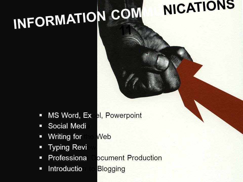 INFORMATION COMMUNICATIONS 11  MS Word, Excel, Powerpoint  Social Media  Writing for the Web  Typing Review  Professional Document Production  Introduction to Blogging