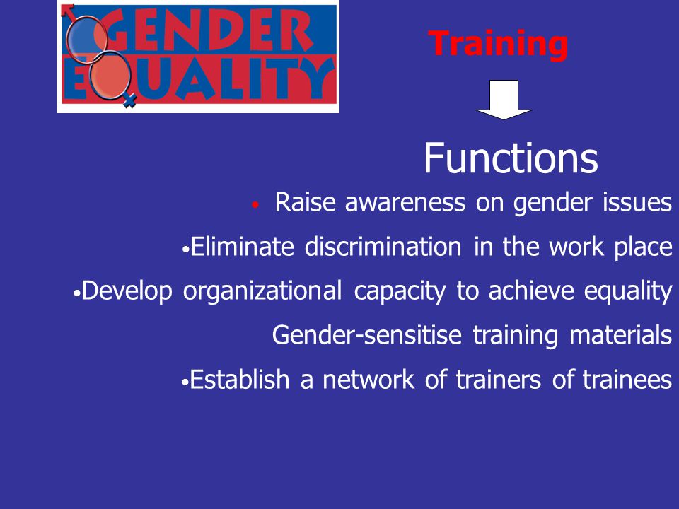 Functions Training Raise awareness on gender issues Eliminate discrimination in the work place Develop organizational capacity to achieve equality Gender-sensitise training materials Establish a network of trainers of trainees