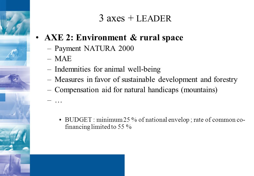3 axes + LEADER AXE 2: Environment & rural space –Payment NATURA 2000 –MAE –Indemnities for animal well-being –Measures in favor of sustainable development and forestry –Compensation aid for natural handicaps (mountains) –… BUDGET : minimum 25 % of national envelop ; rate of common co- financing limited to 55 %