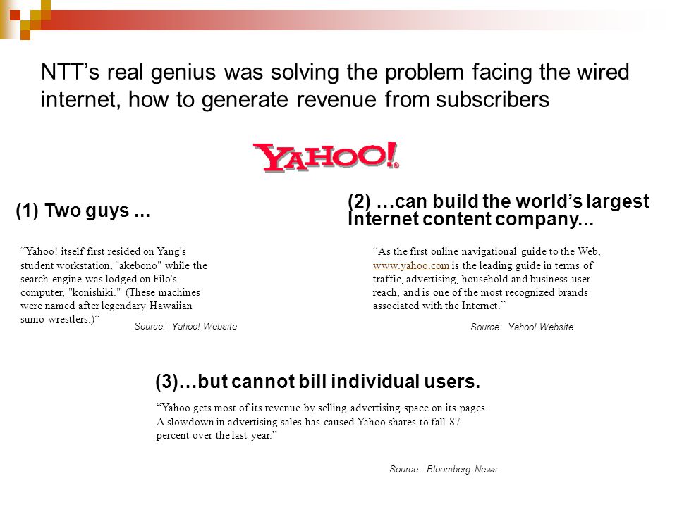 NTT’s real genius was solving the problem facing the wired internet, how to generate revenue from subscribers Yahoo.