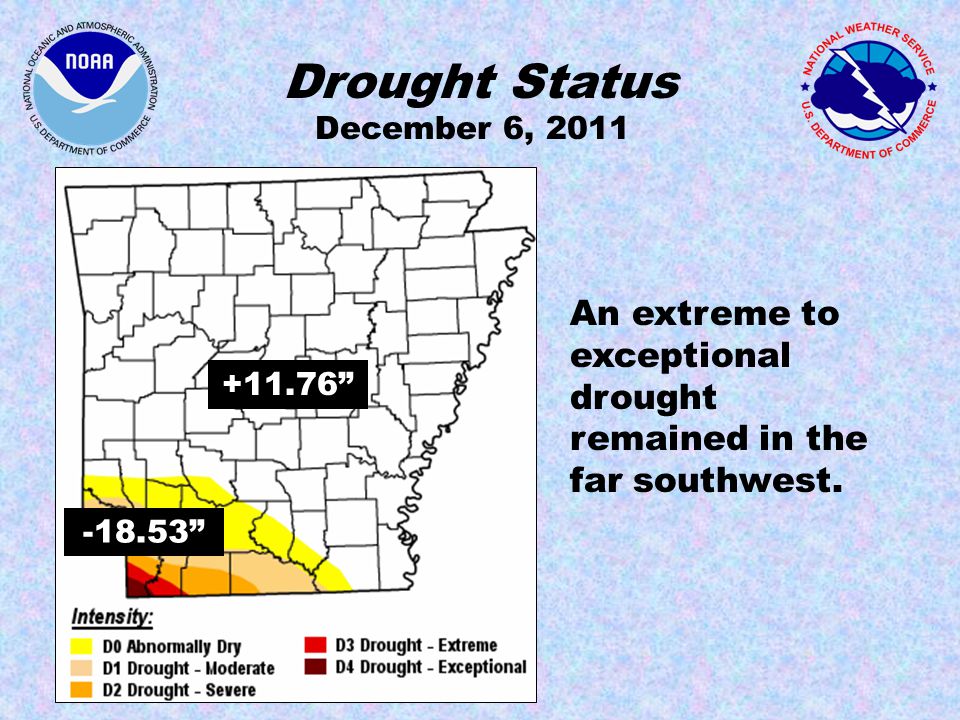 Drought Status December 6, 2011 An extreme to exceptional drought remained in the far southwest.