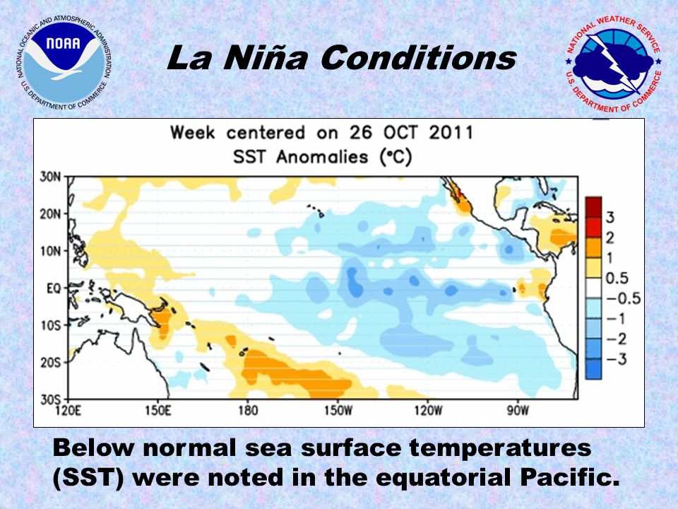 La Niña Conditions Below normal sea surface temperatures (SST) were noted in the equatorial Pacific.