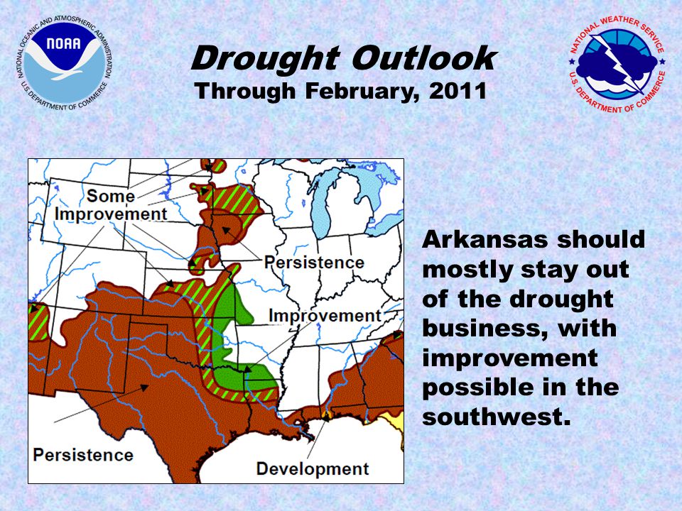 Drought Outlook Through February, 2011 Arkansas should mostly stay out of the drought business, with improvement possible in the southwest.