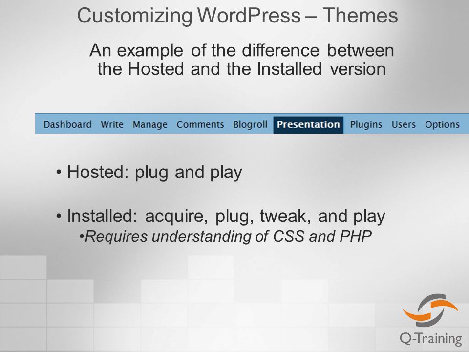 Customizing WordPress – Themes Hosted: plug and play Installed: acquire, plug, tweak, and play Requires understanding of CSS and PHP An example of the difference between the Hosted and the Installed version