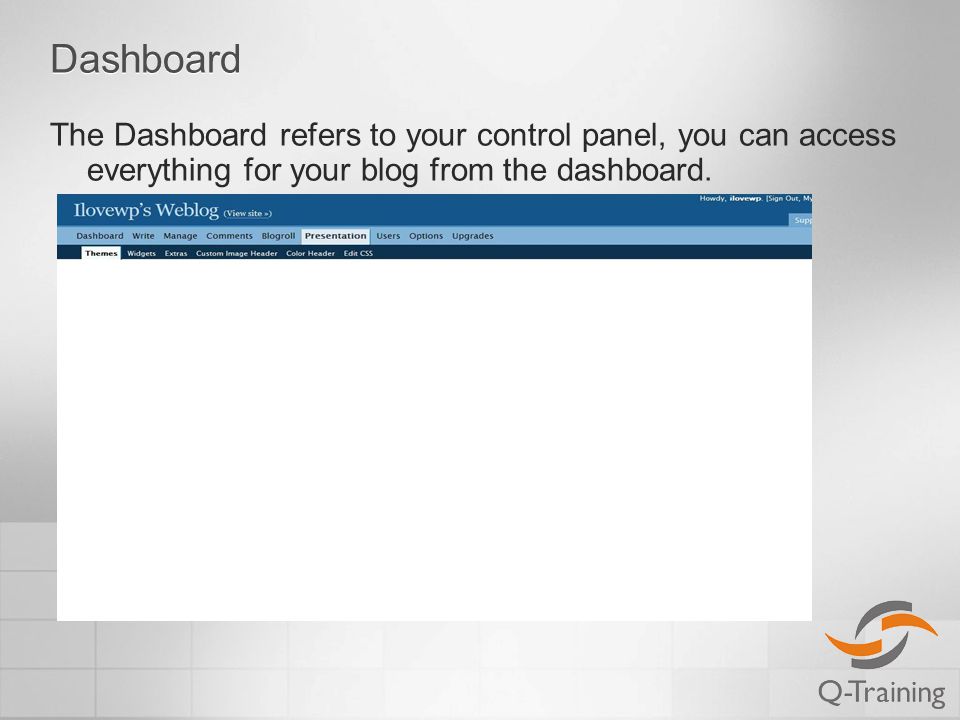 Dashboard The Dashboard refers to your control panel, you can access everything for your blog from the dashboard.