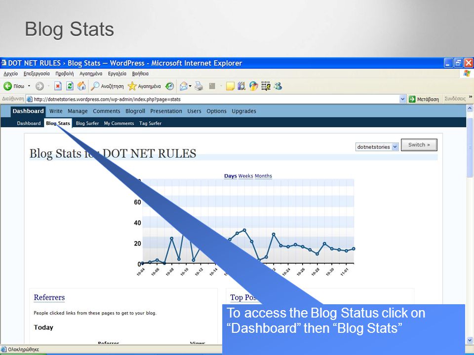 Blog Stats To access the Blog Status click on Dashboard then Blog Stats