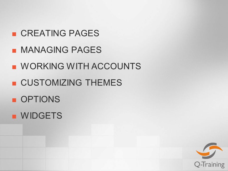 CREATING PAGES MANAGING PAGES WORKING WITH ACCOUNTS CUSTOMIZING THEMES OPTIONS WIDGETS