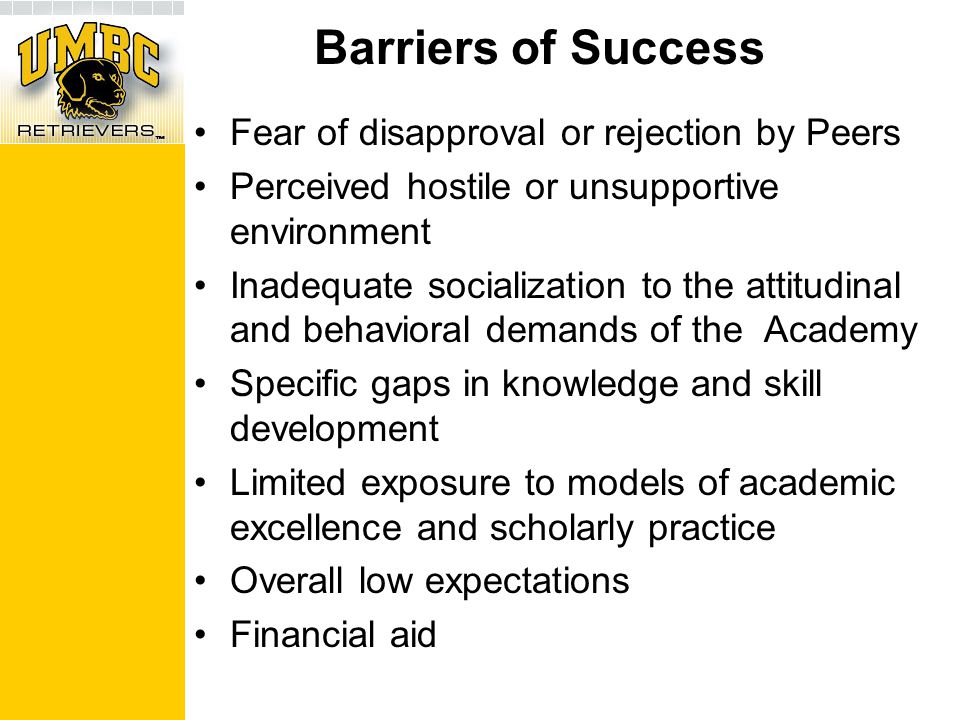 Fear of disapproval or rejection by Peers Perceived hostile or unsupportive environment Inadequate socialization to the attitudinal and behavioral demands of the Academy Specific gaps in knowledge and skill development Limited exposure to models of academic excellence and scholarly practice Overall low expectations Financial aid Barriers of Success