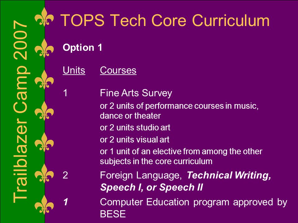 Trailblazer Camp 2007 TOPS Tech Core Curriculum Option 1 UnitsCourses 1Fine Arts Survey or 2 units of performance courses in music, dance or theater or 2 units studio art or 2 units visual art or 1 unit of an elective from among the other subjects in the core curriculum 2Foreign Language, Technical Writing, Speech I, or Speech II 1Computer Education program approved by BESE