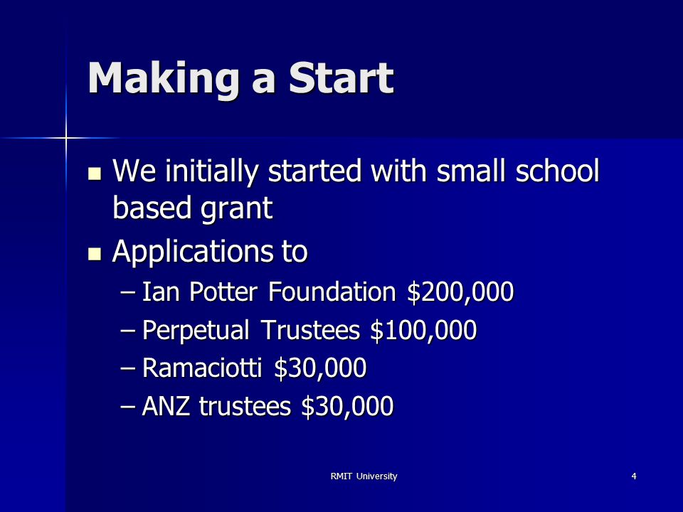 RMIT University4 Making a Start We initially started with small school based grant We initially started with small school based grant Applications to Applications to –Ian Potter Foundation $200,000 –Perpetual Trustees $100,000 –Ramaciotti $30,000 –ANZ trustees $30,000