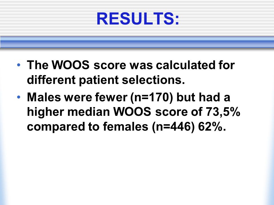 RESULTS: The WOOS score was calculated for different patient selections.