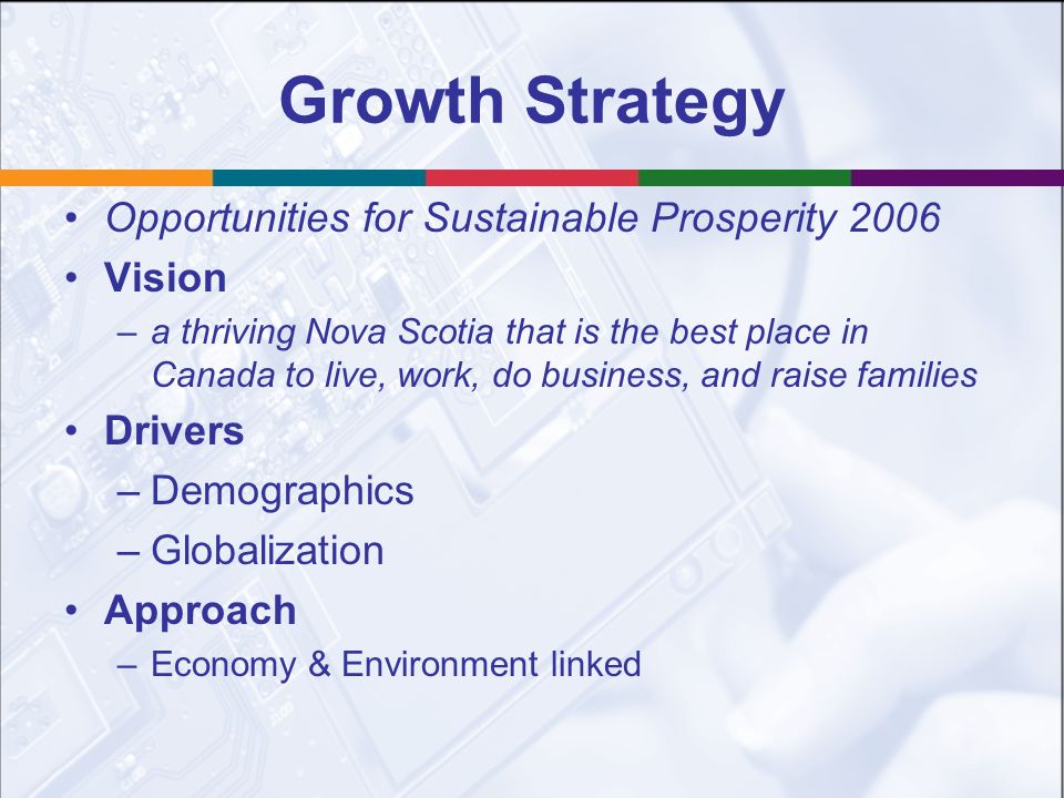 Growth Strategy Opportunities for Sustainable Prosperity 2006 Vision –a thriving Nova Scotia that is the best place in Canada to live, work, do business, and raise families Drivers –Demographics –Globalization Approach –Economy & Environment linked