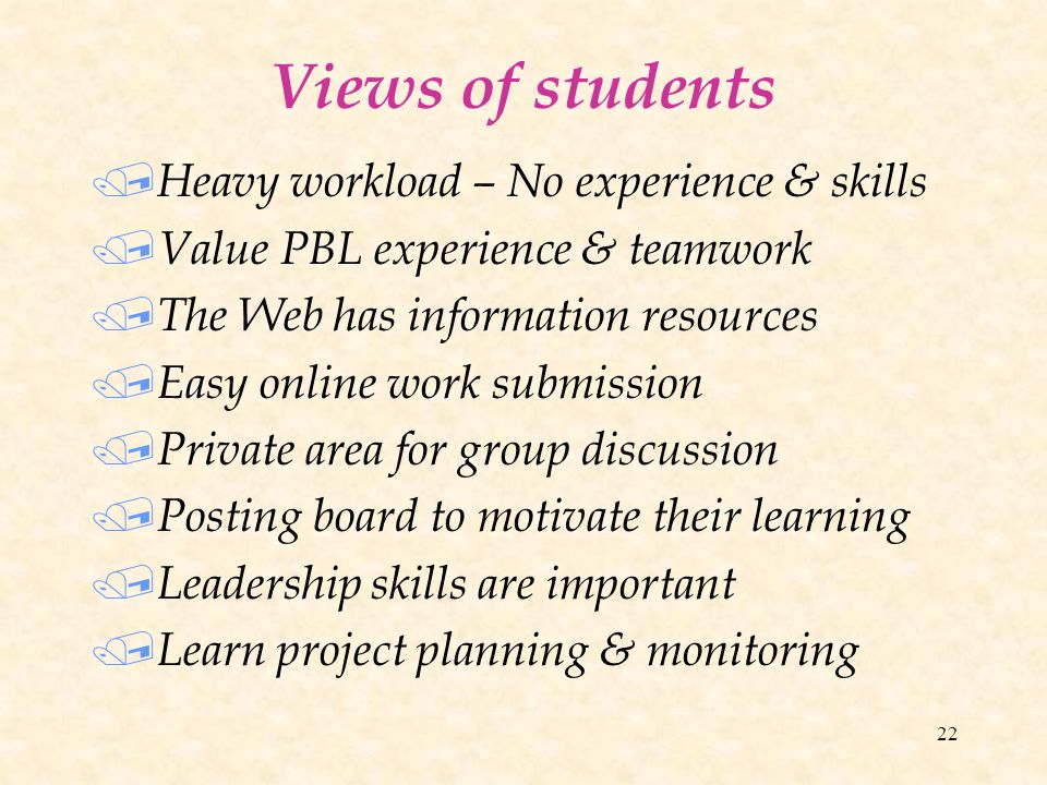22 Views of students / Heavy workload – No experience & skills / Value PBL experience & teamwork / The Web has information resources / Easy online work submission / Private area for group discussion / Posting board to motivate their learning / Leadership skills are important / Learn project planning & monitoring
